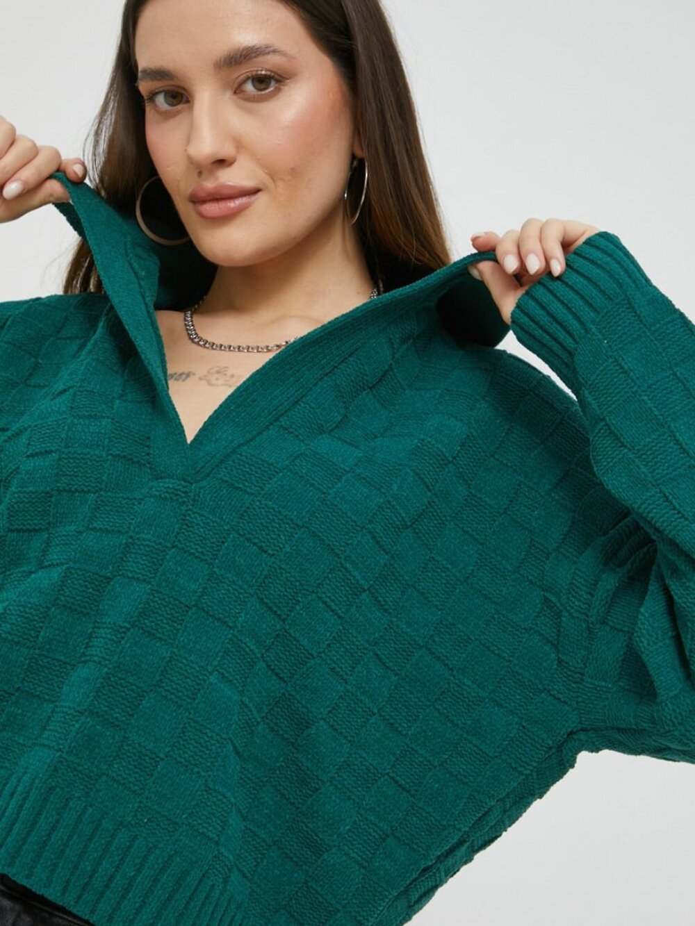 Abercrombie 90"s Inspired Textured Knit Polo Collar Sweater Emerald Teal Green